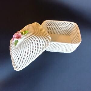 Vintage Spanish Delicate Porcelain Trinket Box Woven Basket Roses - Spain
